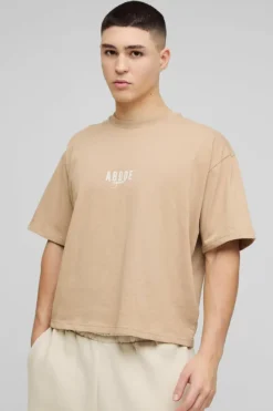 Cheap boohooMAN ABODE Heavyweight Oversized Boxy Print T-Shirt taupe