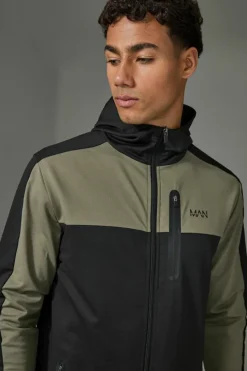 Shop boohooMAN Active Colour Block Funnel Hooded Tracksuit khaki