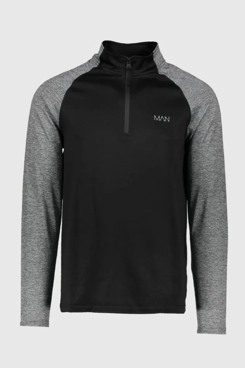 Sale boohooMAN Active Gym Slim Fit Funnel Neck Track Gym Top black