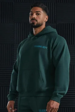 Flash Sale boohooMAN Active Training Dept Oversized Boxy Hoodie dark green