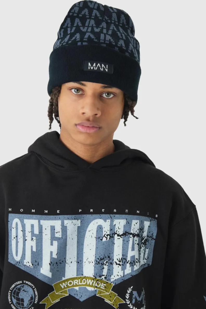 Online boohooMAN All Over Man Dash Tonal Beanie black