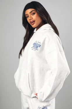 Shop boohoo Dsgn Studio Sports Bubble Slogan Oversized Hoodie ash grey