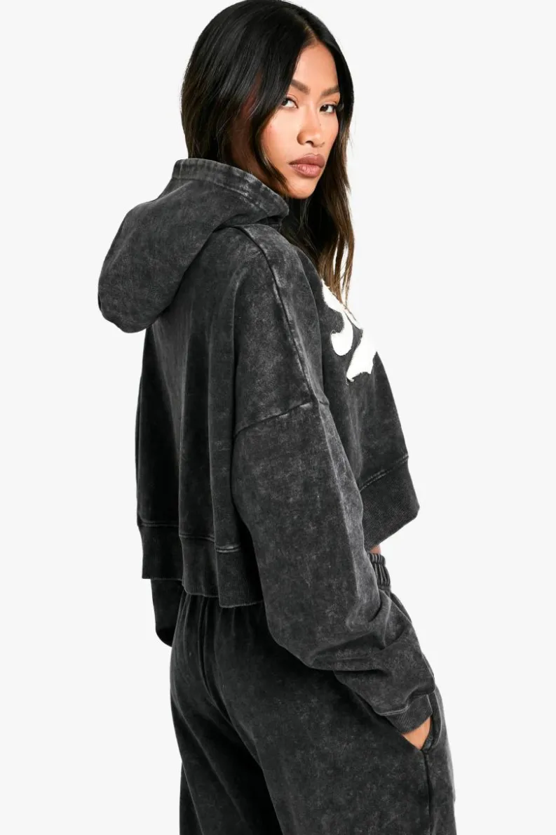 Cheap boohoo Ath Club Acid Wash Boxy Crop Zip Through Hoodie charcoal