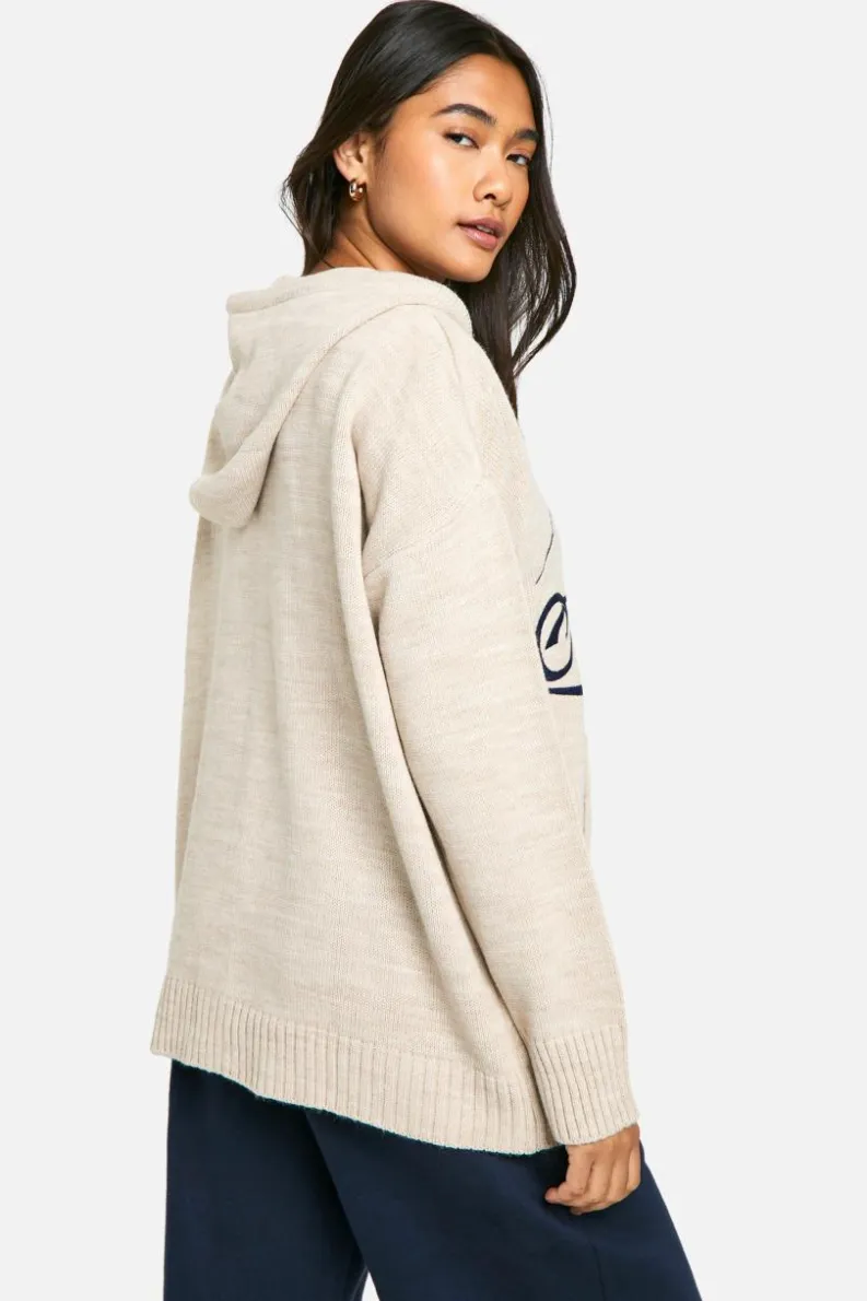 Flash Sale boohoo Athletics Embroidered Zip Through Oversized Knitted Hoody cream