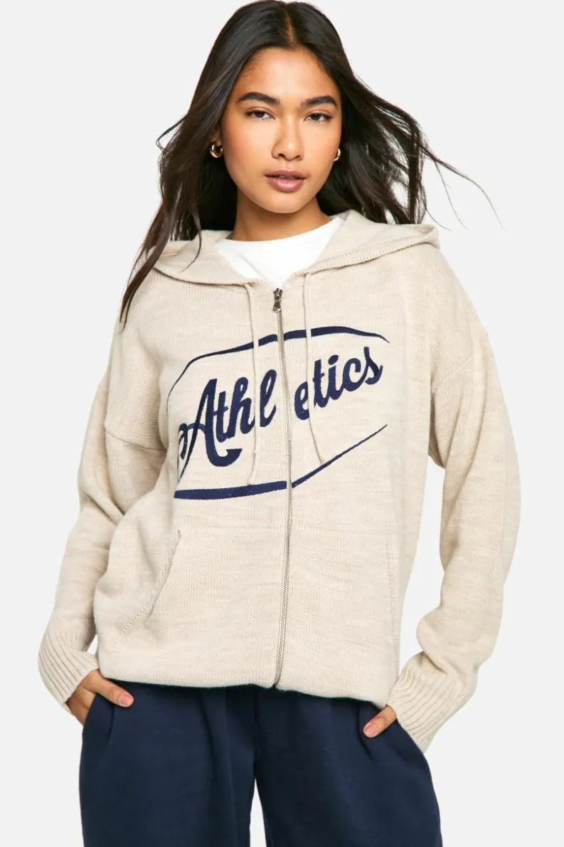 Flash Sale boohoo Athletics Embroidered Zip Through Oversized Knitted Hoody cream