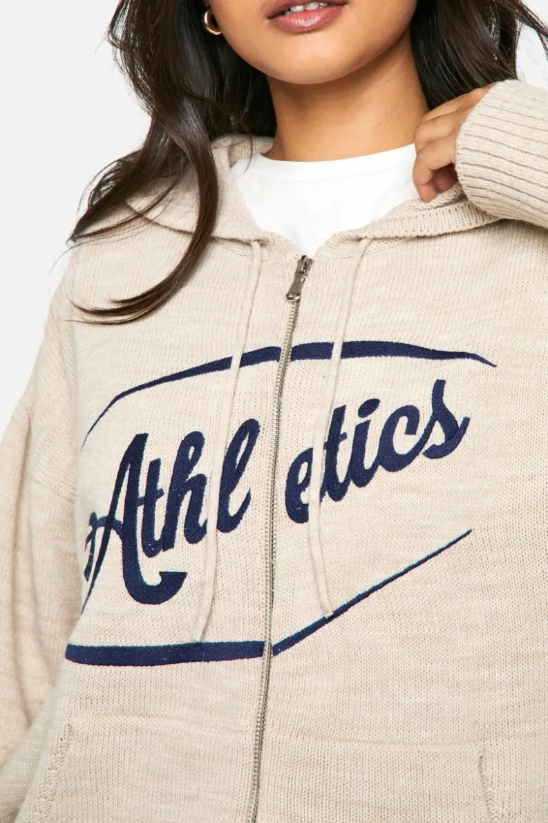 Flash Sale boohoo Athletics Embroidered Zip Through Oversized Knitted Hoody cream
