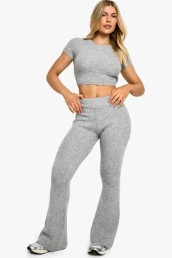 Outlet boohoo Back Detail Top and Super Soft Knitted Flared Trouser grey marl