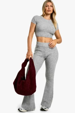 Outlet boohoo Back Detail Top and Super Soft Knitted Flared Trouser grey marl