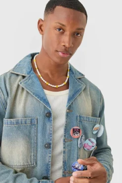 Best Sale boohooMAN Badge Detail Revere Collar Denim Overshirt antique blue