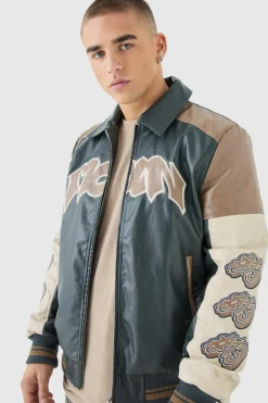 Best Sale boohooMAN Badge Detail Colour Block Pu Varsity Jacket In black