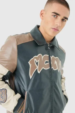 Best Sale boohooMAN Badge Detail Colour Block Pu Varsity Jacket In black