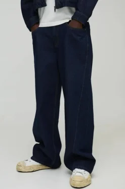 Outlet boohooMAN Baggy Contrast Stitch Denim Jeans indigo