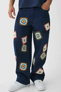 Fashion boohooMAN Baggy Fit Crochet Denim Jeans indigo