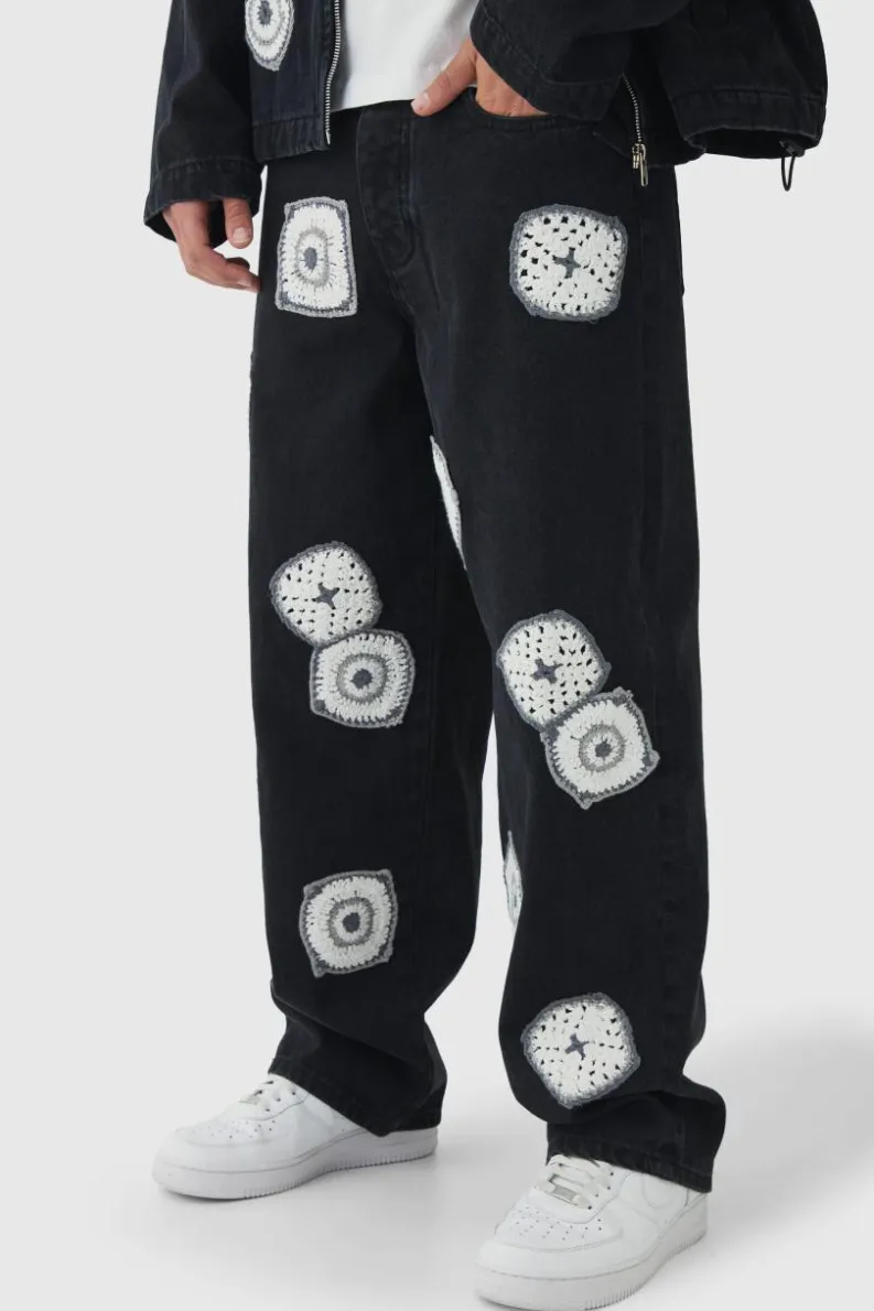 Cheap boohooMAN Baggy Fit Crochet Denim Jeans washed black