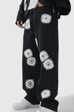 Cheap boohooMAN Baggy Fit Crochet Denim Jeans washed black