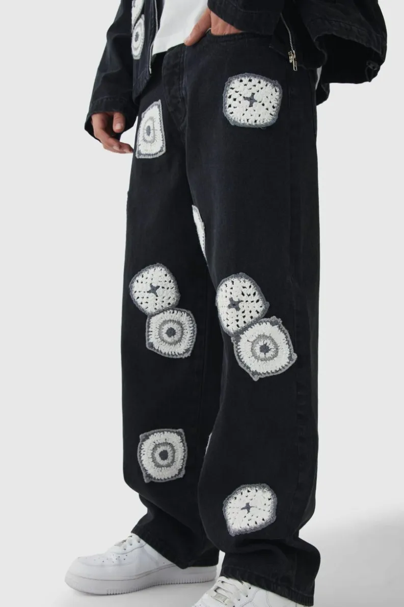 Cheap boohooMAN Baggy Fit Crochet Denim Jeans washed black