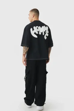 New boohooMAN Baggy Fit Elasticated Waist Extended Drawcord Cargo Trousers black