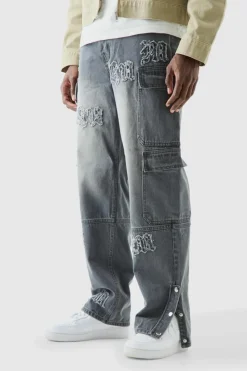 Flash Sale boohooMAN Baggy Rigid Bm Applique Multi Pocket Cargo Jeans In grey