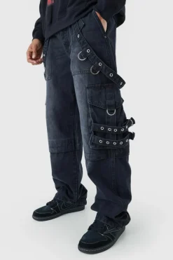 Sale boohooMAN Baggy Rigid Cargo Strap Jeans In washed black