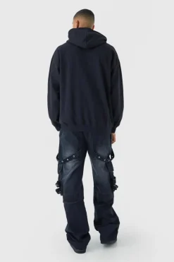 Sale boohooMAN Baggy Rigid Cargo Strap Jeans In washed black