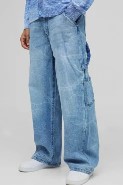 New boohooMAN Baggy Rigid Carpenter Crinkle Denim Jeans In antique blue