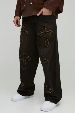 Cheap boohooMAN Baggy Rigid Cross Applique Denim Jeans brown