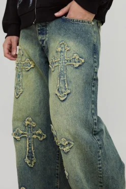 Cheap boohooMAN Baggy Rigid Cross Applique Denim Jeans green