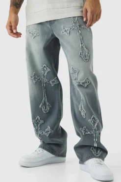 Best boohooMAN Baggy Rigid Cross Applique Jeans In light grey