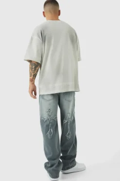 Best boohooMAN Baggy Rigid Cross Applique Jeans In light grey