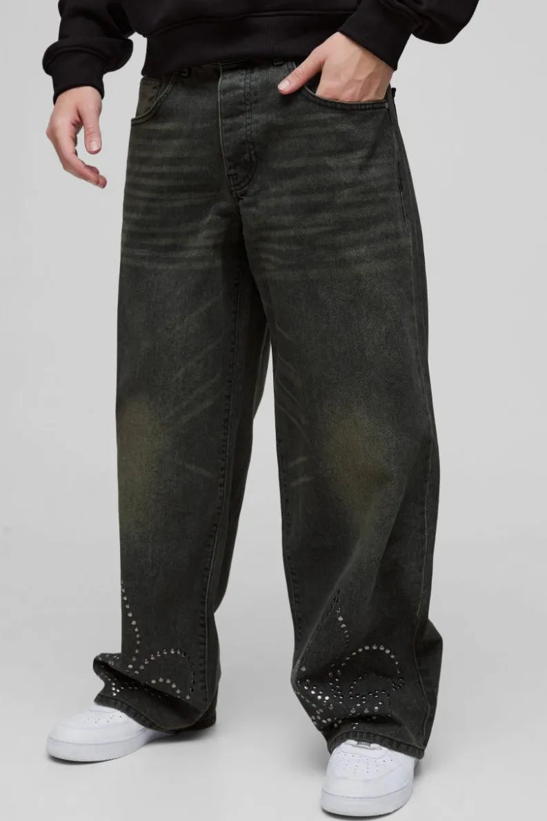 Cheap boohooMAN Baggy Rigid Cross Stud Applique Denim Jeans petrol