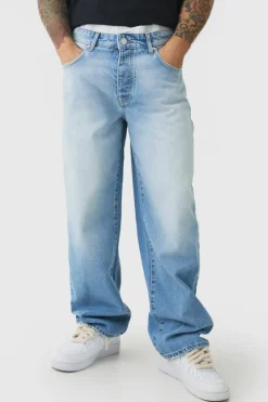 Hot boohooMAN Baggy Rigid Double Waistband Denim Jeans In light blue