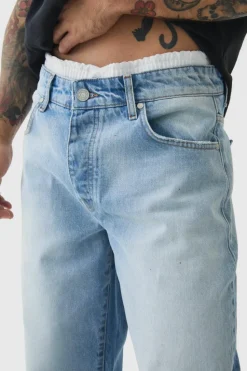 Hot boohooMAN Baggy Rigid Double Waistband Denim Jeans In light blue