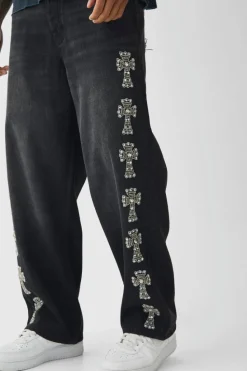 Fashion boohooMAN Baggy Rigid Embellished Cross Jeans washed black
