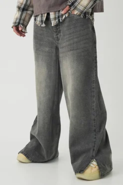 Best boohooMAN Baggy Rigid Extreme Washed Split Hem Denim Jeans grey