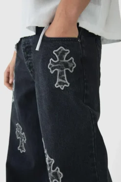 Outlet boohooMAN Baggy Rigid Leopard Cross Applique Denim Jeans black