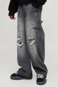 Hot boohooMAN Baggy Rigid Paint Splatter Carpenter Denim Jeans grey