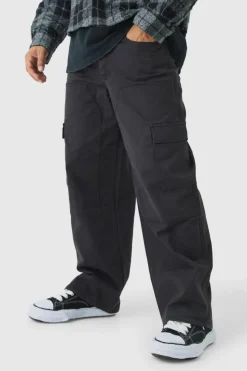 Best Sale boohooMAN Baggy Twill Overdye Carpenter Cargo Trousers charcoal