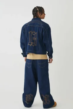 Hot boohooMAN Balloon Fit Rigid Contrast Stitch Ripped Jeans indigo