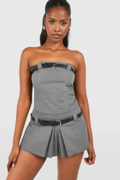 Clearance boohoo Belt Detail Pleated Micro Mini slate grey