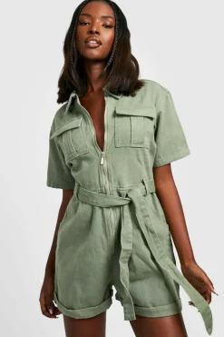Shop boohoo Belted Cargo Denim Playsuit khaki