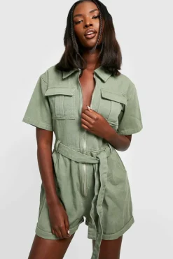 Shop boohoo Belted Cargo Denim Playsuit khaki