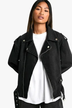 Outlet boohoo Belted Denim Biker Jacket washed black