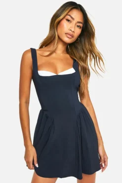 Sale boohoo Bengaline Milkmaid Mini Dress navy