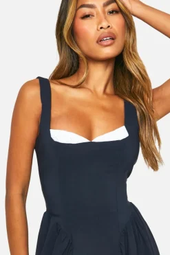 Sale boohoo Bengaline Milkmaid Mini Dress navy