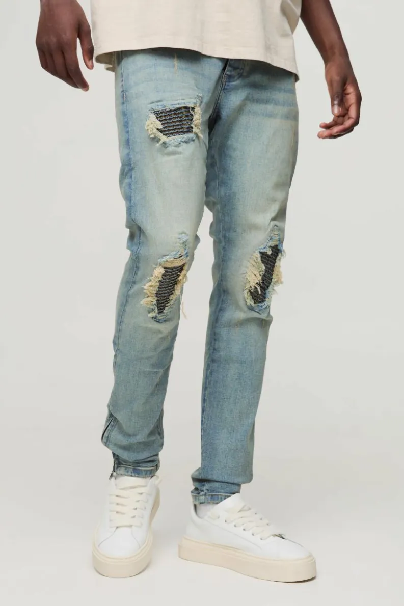 Outlet boohooMAN Biker Rip & Repair Zip Hem Skinny Jeans stonewash
