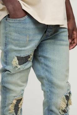 Outlet boohooMAN Biker Rip & Repair Zip Hem Skinny Jeans stonewash