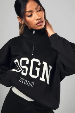 Cheap boohoo Dsgn Studio Half Zip Applique Oversized Sweatshirt black