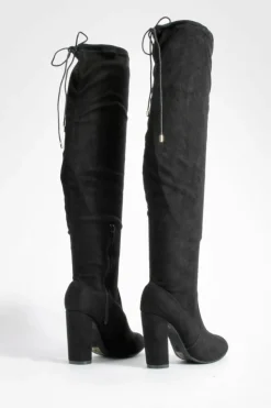 New boohoo Block Heel Tie Faux Suede Thigh High Boots black