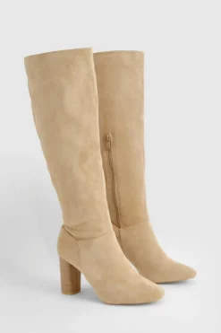Store boohoo Block Wooden Heel Faux Suede Knee High Boots natural