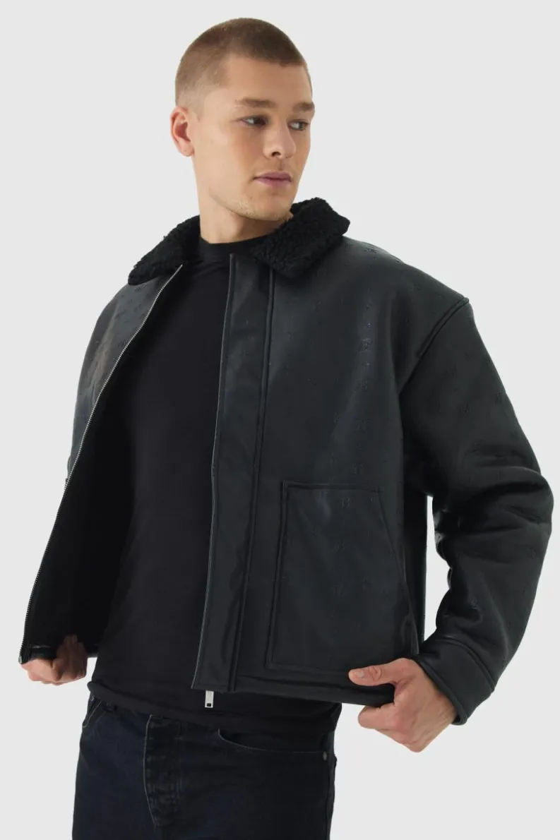 Cheap boohooMAN Bm Embossed Borg Collar Harrington Jacket In black